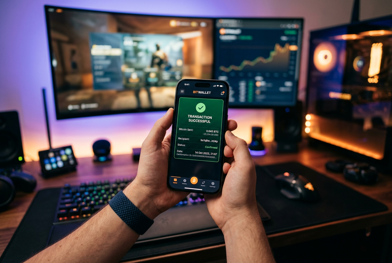 Uživatel provádějící vklad Bitcoinu do mobilního kasina přes krypto peněženku