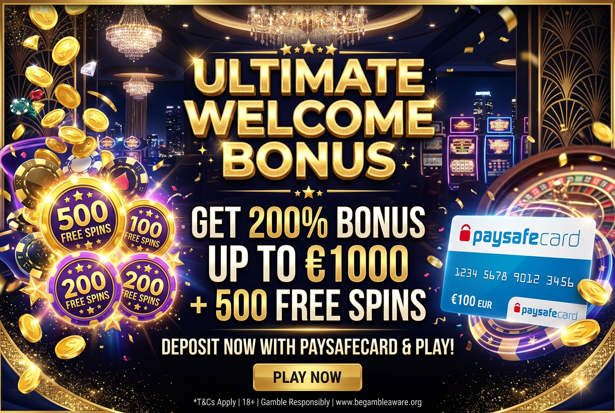 Luxusní reklamní banner online kasina se zlatými mincemi, ikonami zatočení zdarma a symbolem karty Paysafecard