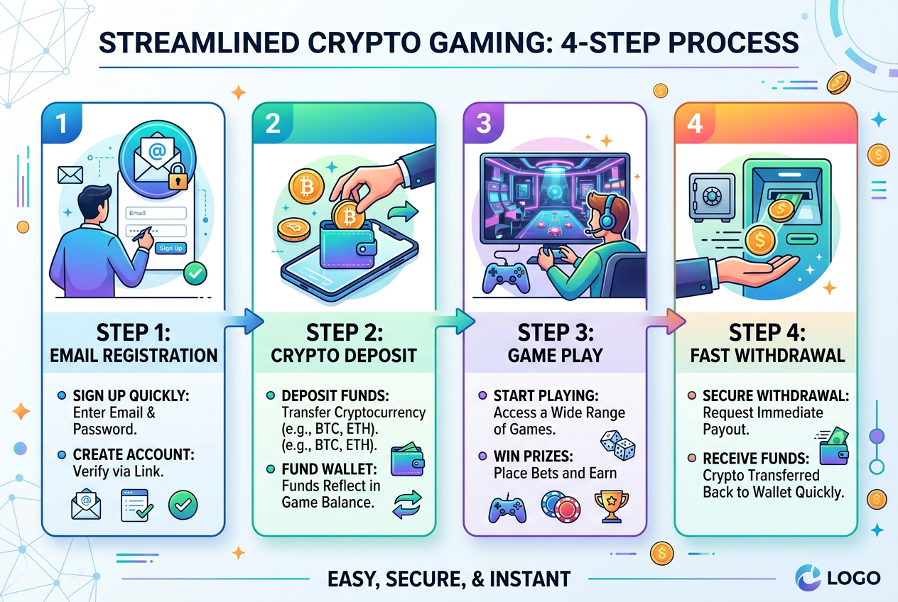 Infografika znázorňující 4 kroky registrace v online casinu bez bankovního účtu