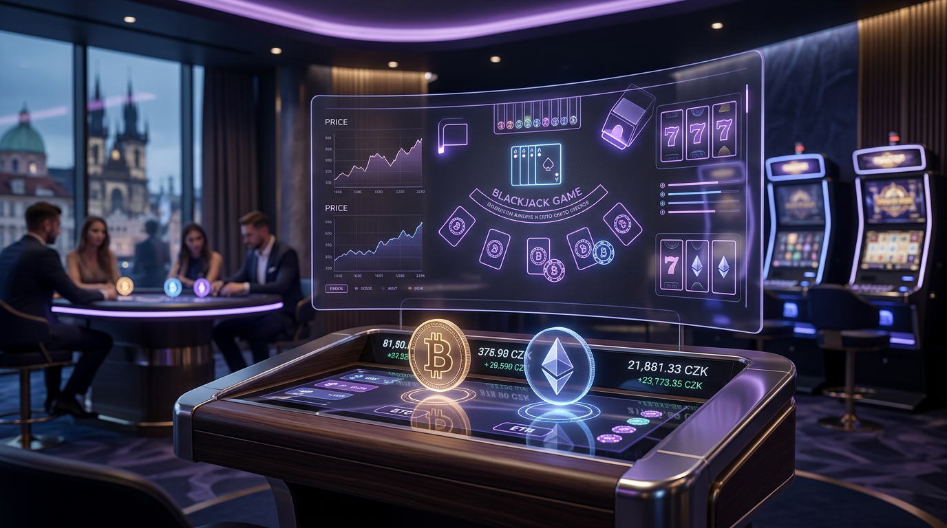 Luxusní futuristické krypto kasino s holografickými mincemi a moderním interiérem