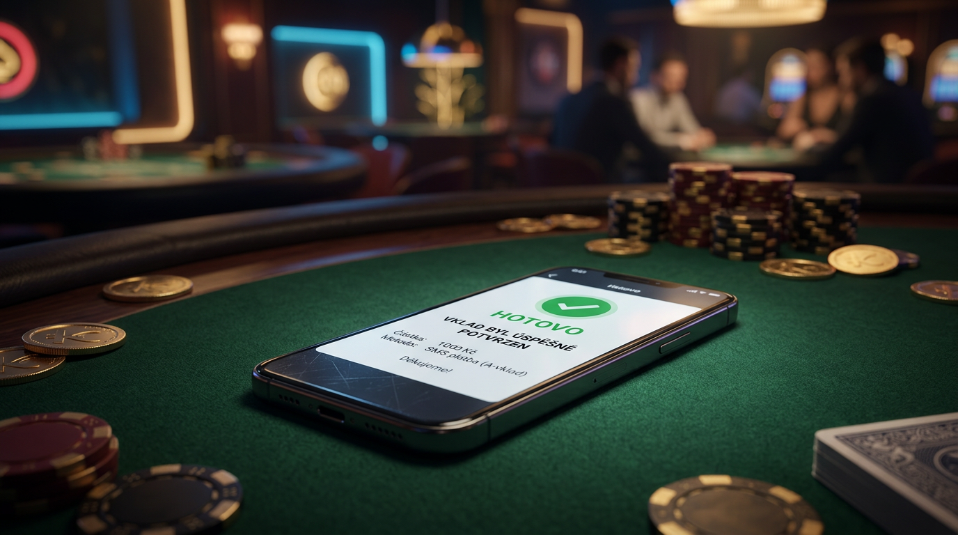 Mobilní telefon potvrzující úspěšný SMS vklad v online casinu