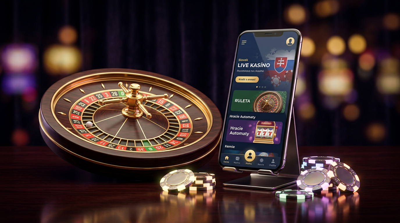 Slovenské online casino rozhraní na telefonu s ruletou v pozadí