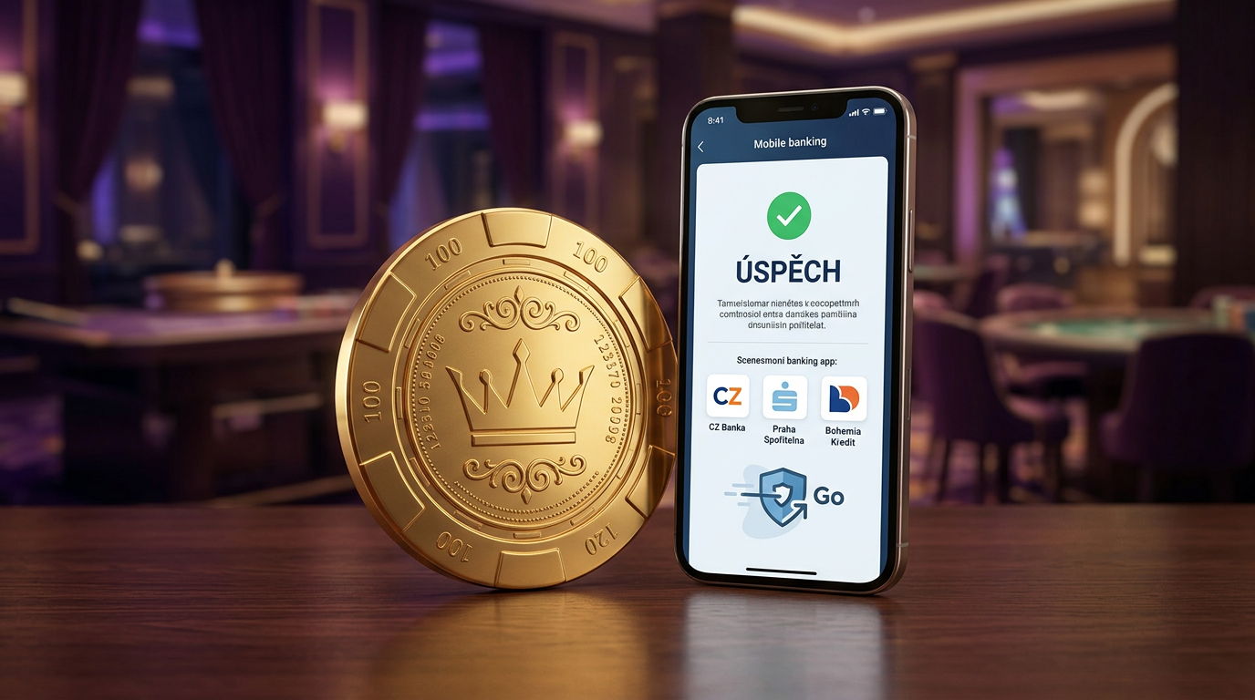 Zlatý žeton a mobilní telefon s platební bránou GoPay v prostředí luxusního kasina.