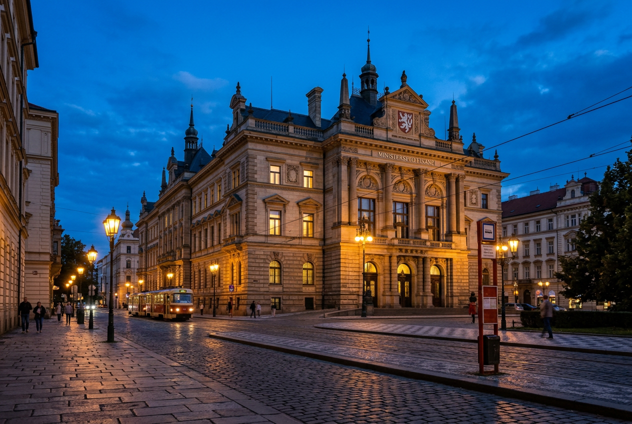 Budova Ministerstva financí České republiky v Praze při soumraku