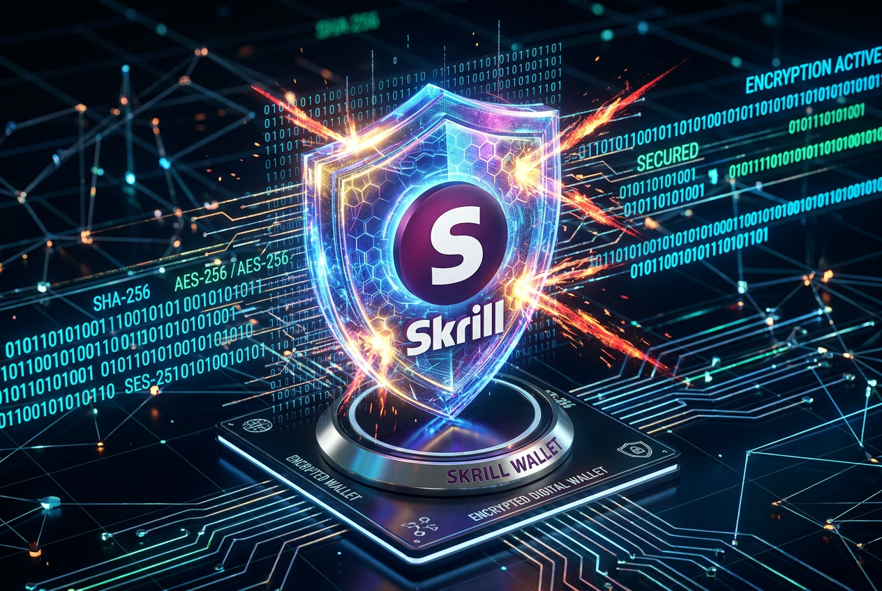 Bezpečné rozhraní digitální peněženky Skrill s prvky kybernetického zabezpečení