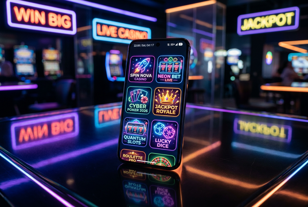 Moderní smartphone s ikonami kasinových aplikací v tmavém neonovém stylu