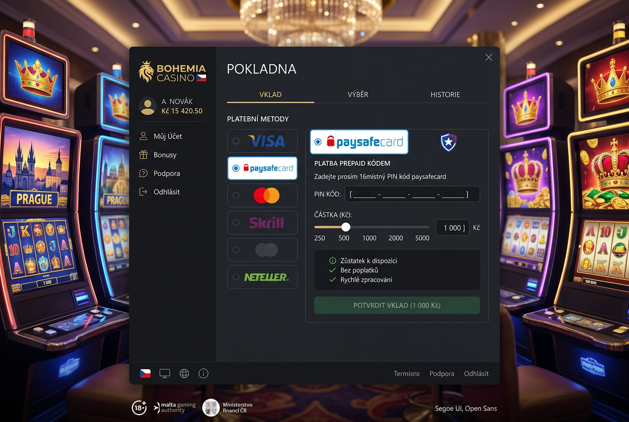 Moderní rozhraní online kasina se zobrazeným logem Paysafecard a prémiovými výherními automaty